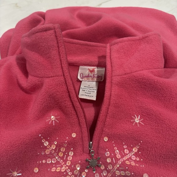 QUAKER FACTORY Women's Large Fleece Pink Sequin Snowflake 1/4 Zip Pullover - Picture 4 of 6